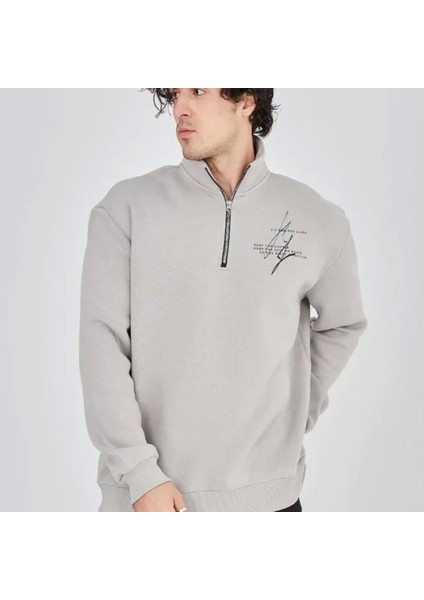 Erkek Yarım Fermuarlı Baskılı Weat Boyalı Gri fırsatları