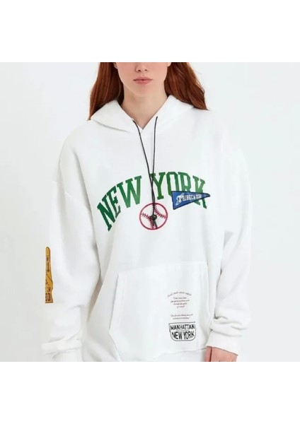 Baskılı Kapüşonlu Weatshirt Beyaz
