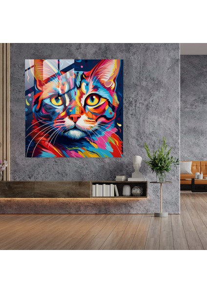 Dinamik Bıyıklar Cam Tablosu: Canlı Renklerde Pop Art Kedisi - Cam Duvar Sanatı Ev Dekorasyonu Duvar Dekorasyonu Cam Sanatı fiyatları