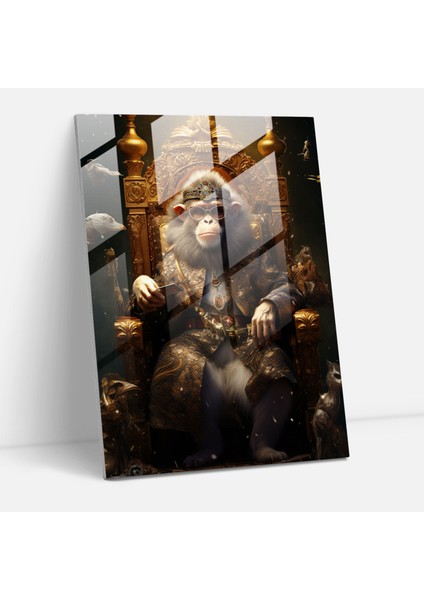 Maymun Kral Cam Tablo - Insan Kıyafeti Giymiş Hayvanlar Kral Ev Dekorasyonu Taht