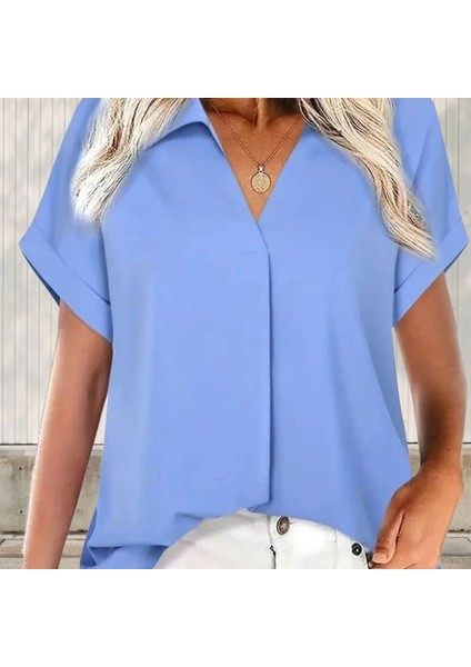 Kadın Kısa Kollu Yakalı Uzun Sandy Bluz