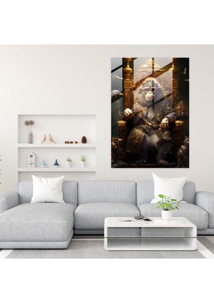 Maymun Kral Cam Tablo - Insan Kıyafeti Giymiş Hayvanlar Kral Ev Dekorasyonu Taht modelleri