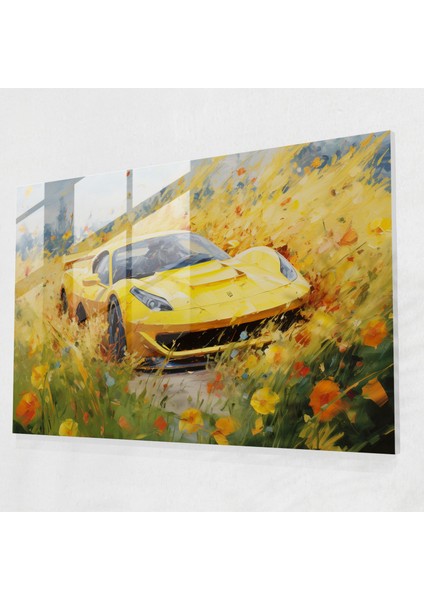 Ferrari Cam Tablo - Çiçeklerle Dolu Alanı Hızla Geçen Hayalperest Sarı Ferrari - Ferrari Hayalperest Duvar Dekorasyonu Çiçeklerle Dolu Alan