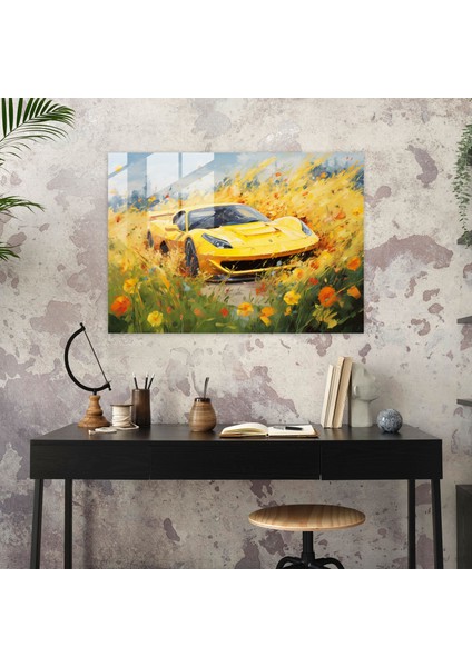 Ferrari Cam Tablo - Çiçeklerle Dolu Alanı Hızla Geçen Hayalperest Sarı Ferrari - Ferrari Hayalperest Duvar Dekorasyonu Çiçeklerle Dolu Alan fiyatları