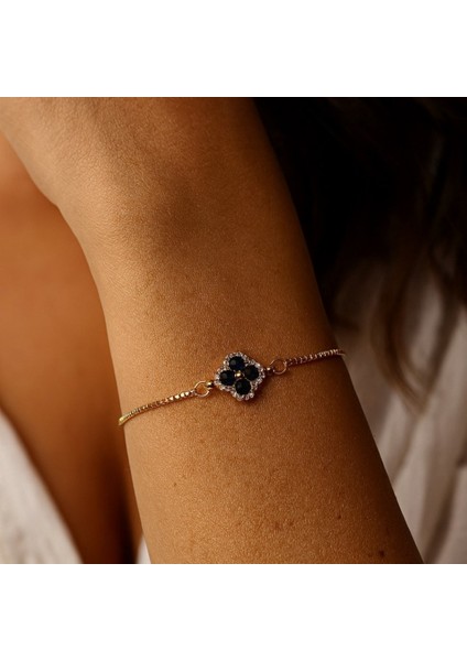 Altın Renk Siyah Taş Van Cleff Yonca Asansör Çelik Bileklik