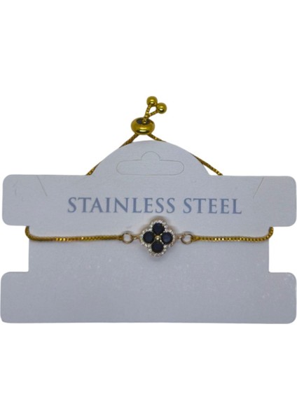 Altın Renk Siyah Taş Van Cleff Yonca Asansör Çelik Bileklik fiyatları