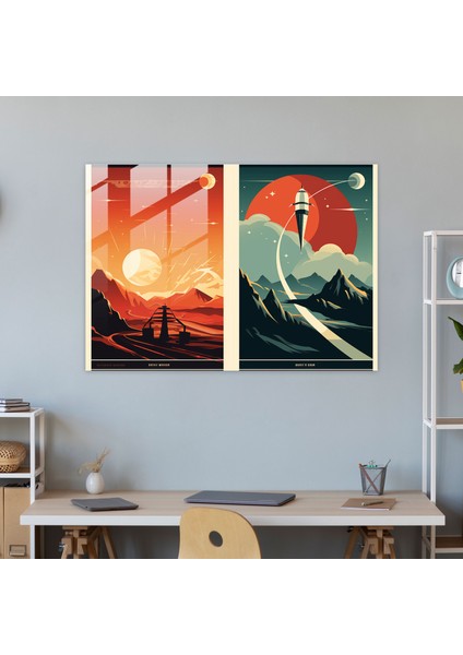 Retro Dünyalar Cam Tablo - Dünya Duvar Dekorasyonu Uzay Yolculuğu Maceralı fiyatları