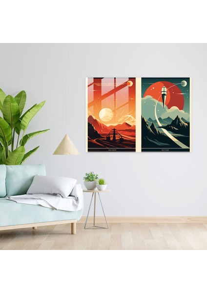 Retro Dünyalar Cam Tablo - Dünya Duvar Dekorasyonu Uzay Yolculuğu Maceralı modelleri