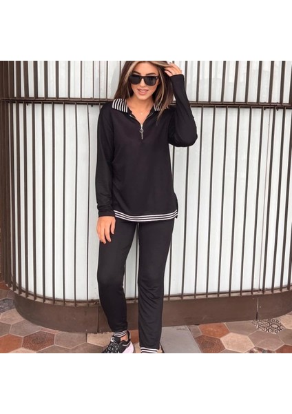 Kadın Uzun Kollu Ribana ve Fermuar Detay Bluz ve Yüksel Bel Pantolon 2li Takım modelleri