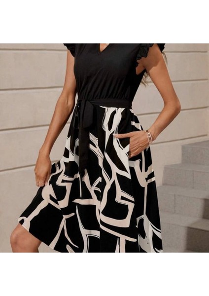 Kadın Kısa Kollu V Yakalı Üst Janjan Krep Alt Desenli Süprem Mini Elbise fiyatları