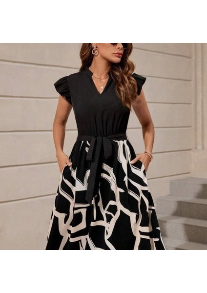 Kadın Kısa Kollu V Yakalı Üst Janjan Krep Alt Desenli Süprem Mini Elbise modelleri