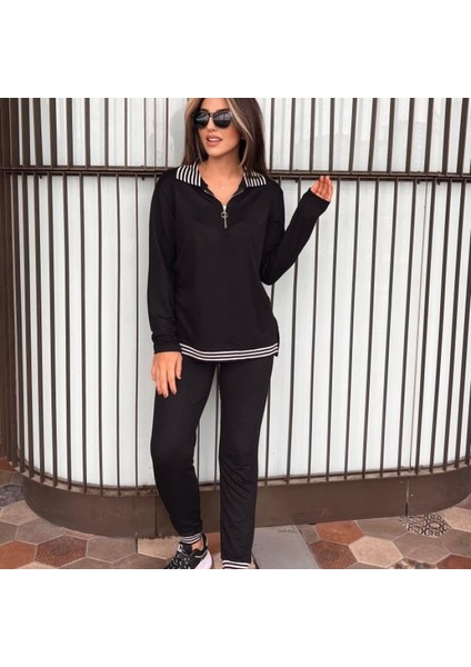 Kadın Uzun Kollu Ribana ve Fermuar Detay Bluz ve Yüksel Bel Pantolon 2li Takım