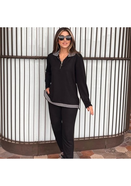 Kadın Uzun Kollu Ribana ve Fermuar Detay Bluz ve Yüksel Bel Pantolon 2li Takım fiyatları