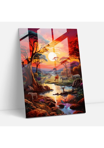 Afro Cam Tablo Sanatı - Afrika Manzaralı Resim Cam Tablo