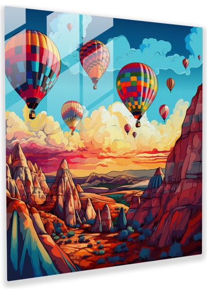 Canlı Yükseliş Cam Tablo - Modern Pop Sanat Kapadokya Sıcak Hava Balonları