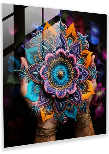 Asya Hint Kınası Cam Tablosu - Asya Cam Tablo Cam Duvar Sanatı Renkli Detaylar