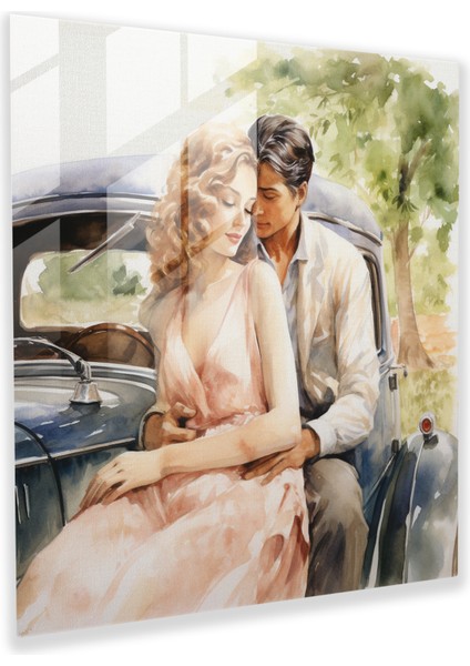 Romantik Kırsal Manzara Cam Tablosu: Klasik Araba ve Şık Çift Duvar Dekoru