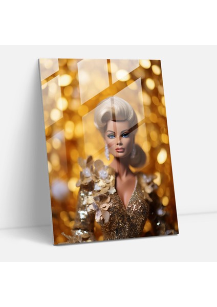 Glam Barbie Cam Tablo Sanatı - Barbie Altın Arka Plan Portre Cam Sanatı