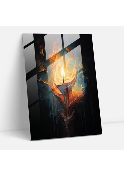Cam Tablo – Canlı Mum Alevi - Mum Duvar Dekorasyonu Soyut Yağlı Boya
