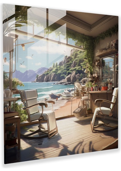 Huzurlu Sahil Berber Dükkanı Cam Tablosu - Berber Cam Sanatı Berber Dükkanı Cam Duvar Sanatı