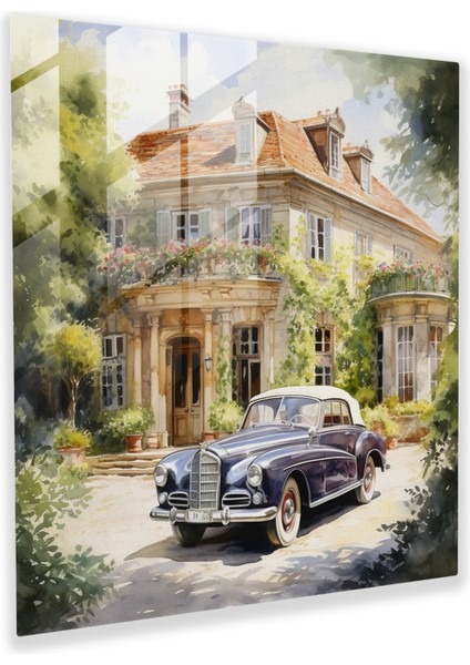 Klasik Araba ve Avrupa Malikanesi Su Rengi Portresi - Vintage Huzur Cam Tablo