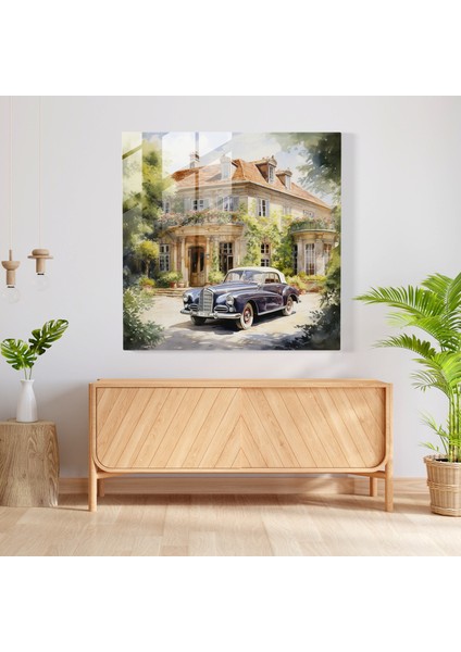 Klasik Araba ve Avrupa Malikanesi Su Rengi Portresi - Vintage Huzur Cam Tablo fiyatları