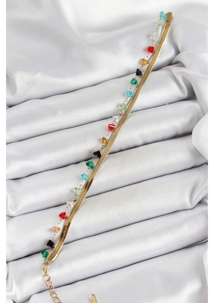 316L Çelik Gold Renk Kristal Karışık Renkli Taşlı 2 Li Kadın Bileklik