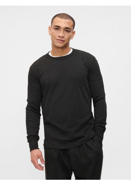 Erkek Siyah Waffle-Knit Crewneck T-Shirt