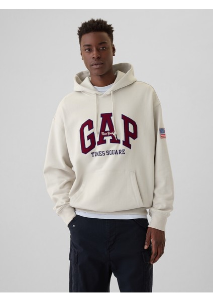 Erkek Gri Gap logo Arşiv Oversized Şehir Logolu Kapüşonlu Sweatshirt