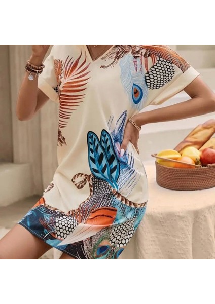 Kadın Kısa Kollu V Yakalı Desenli Mini Atlas Elbise