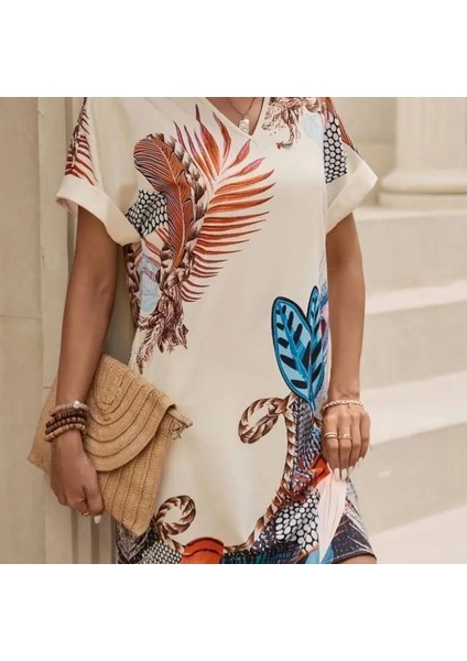 Kadın Kısa Kollu V Yakalı Desenli Mini Atlas Elbise fiyatları