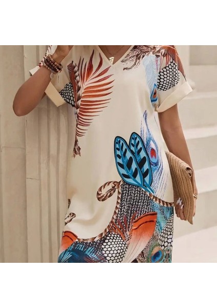 Kadın Kısa Kollu V Yakalı Desenli Mini Atlas Elbise fırsatları