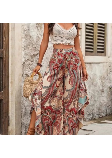 Kadın Yüksek Bel Beli Lastikli Desenli Geniş Paçalı Süprem Pantolon