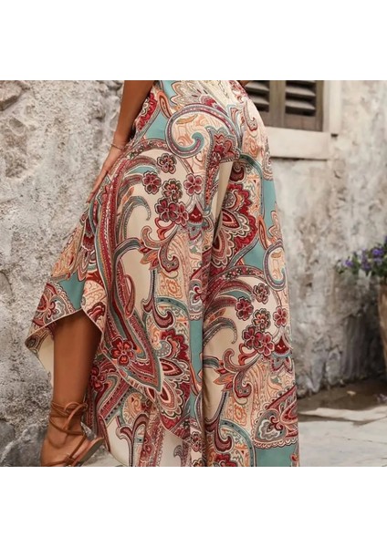 Kadın Yüksek Bel Beli Lastikli Desenli Geniş Paçalı Süprem Pantolon modelleri