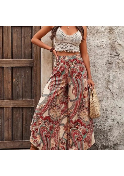 Kadın Yüksek Bel Beli Lastikli Desenli Geniş Paçalı Süprem Pantolon indirimleri