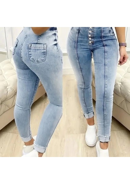 Kadın Yüksek Bel Önden Düğmeli Jean Pantolon