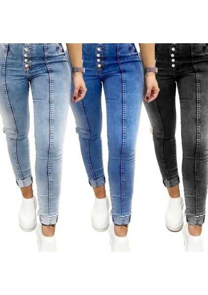 Kadın Yüksek Bel Önden Düğmeli Jean Pantolon fırsatları