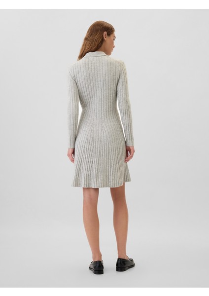 Kadın Gri Polo Yaka Triko Mini Elbise
