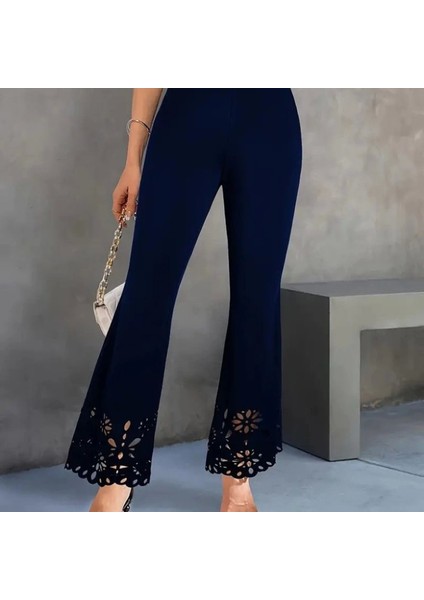 Kadın Yüksek Bel Paçaya Doğru Genişleyen Lazer Çiçek Kesim Detaylı Ithal Krep Pantolon