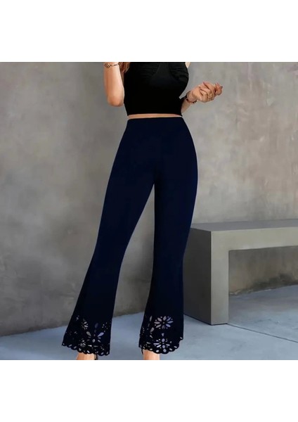 Kadın Yüksek Bel Paçaya Doğru Genişleyen Lazer Çiçek Kesim Detaylı Ithal Krep Pantolon modelleri