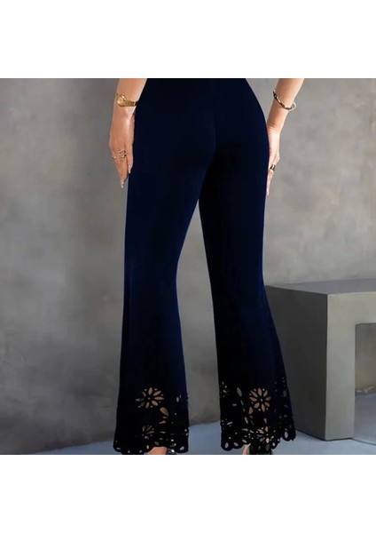 Kadın Yüksek Bel Paçaya Doğru Genişleyen Lazer Çiçek Kesim Detaylı Ithal Krep Pantolon fırsatları