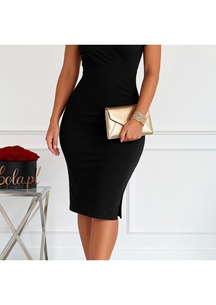 Kadın Kısa Kollu Derin Dekolte V Yakalı Yırtmaçlı Midi Janjan Krep Elbise