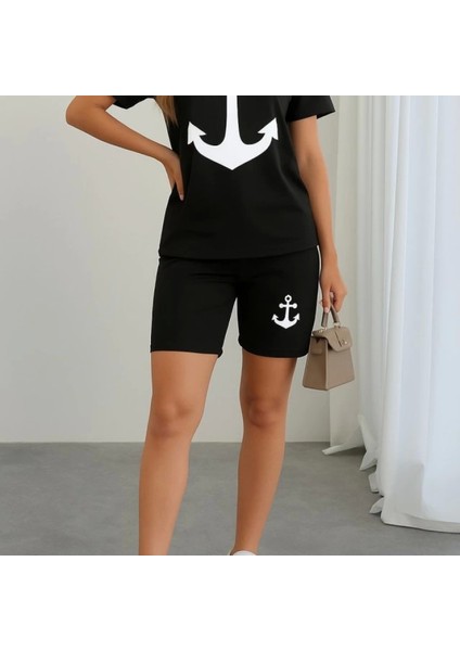 Kadın Kısa Kollu Çapa Baskılı Viskon Ikili Takım