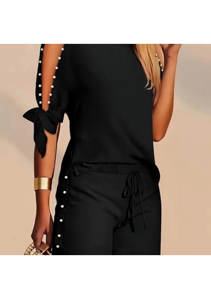 Kadın Kısa Kollu Bisiklet Yaka Yarı Açık Omuz Inci Detaylı Short Tshirt Viskon Ikili Takım