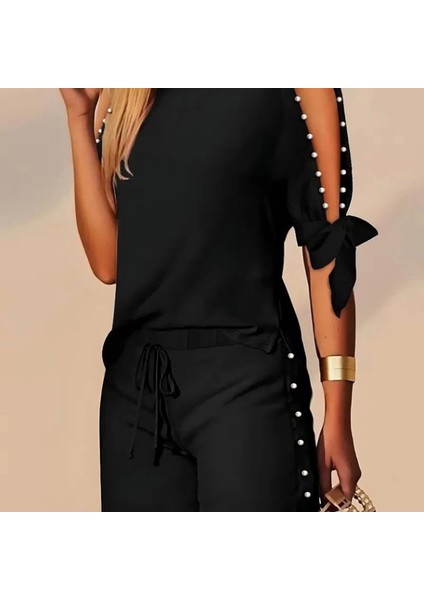 Kadın Kısa Kollu Bisiklet Yaka Yarı Açık Omuz Inci Detaylı Short Tshirt Viskon Ikili Takım modelleri