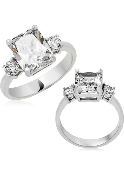 Gümüş Kare Montür Üç Taş Bayan Yüzük