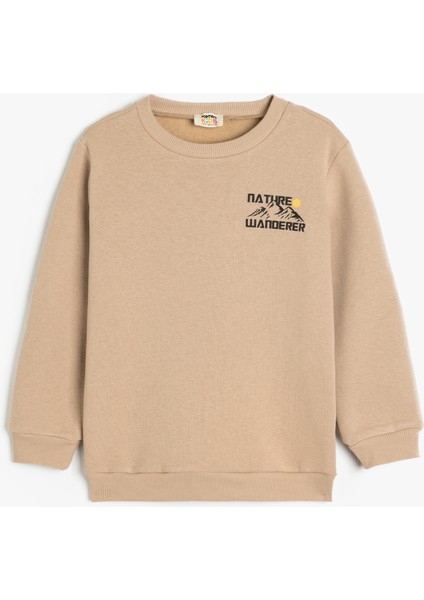 Baskı Detaylı Bisiklet Yaka Şardonlu Uzun Kollu Sweatshirt