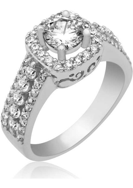 Gümüş Kare Montür Tek Taş Bayan Yüzük