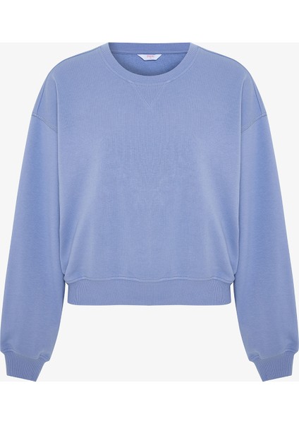 Indigo Curvy Edge Bisiklet Yaka Oversize Crop Sweatshirt