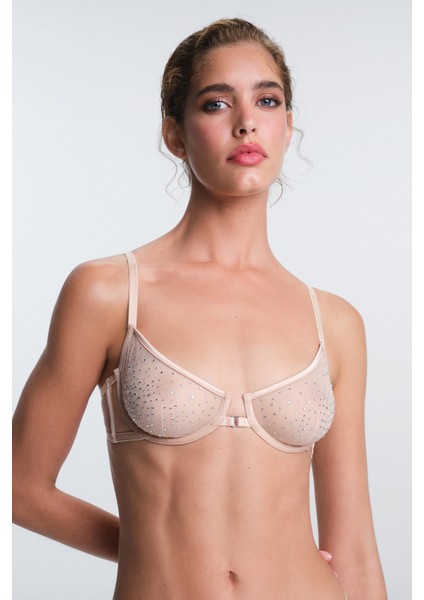 Bej Sandy Taş Detaylı Balenli Dolgusuz Toparlayıcı Sütyen